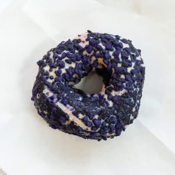 A Raceway Bagel with purple and black sprinkles on a white background.
