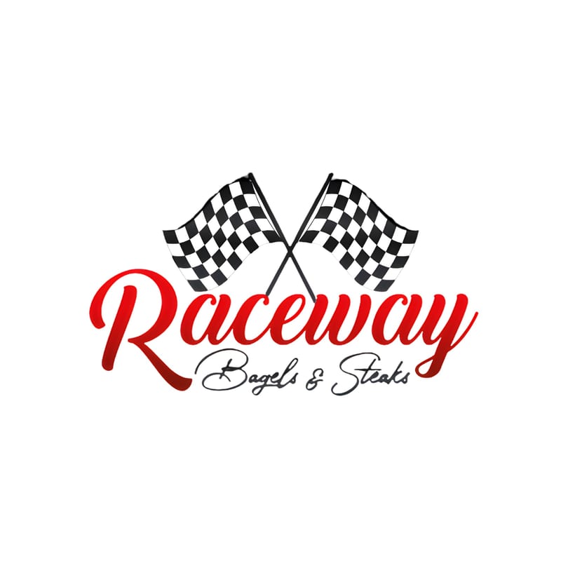 Raceway Bagels & Steaks logo with red script text and two checkered racing flags.